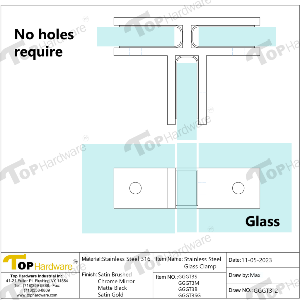 (gggt3 ) stainless steel 316, 3 way glass clamp for glass thickness 1/2” 3/8”