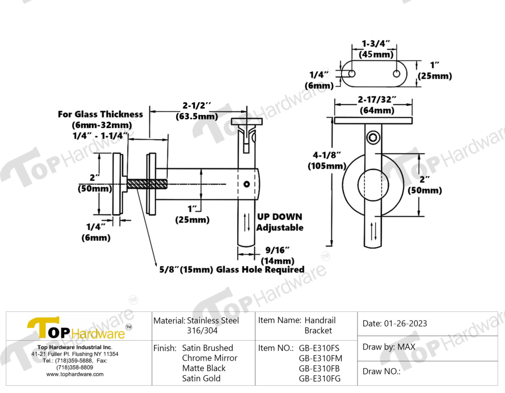(gb e310f ) stainless steel glass mount adjustable handrail bracket for square tube