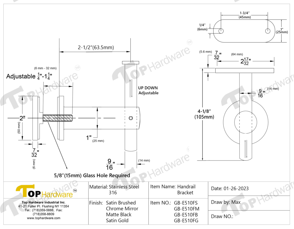 (gb e510f ) stainless steel glass mount handrail bracket for square tube