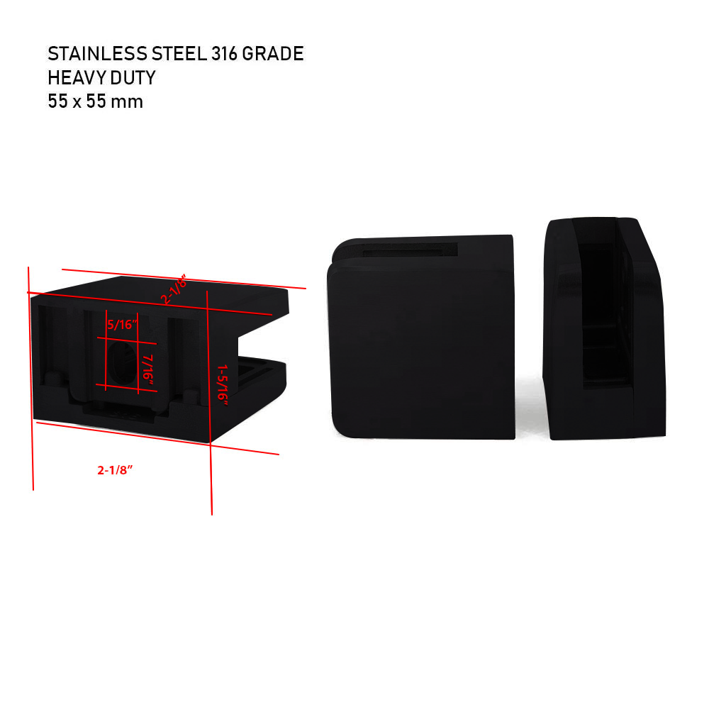 special sales – (gc 055 fb) stainless steel 304 grade heavy duty square flat back glass clamp 55 x 55 mm for 3/8″ or 1/2″ tempered glass or laminated glass – matte black finish